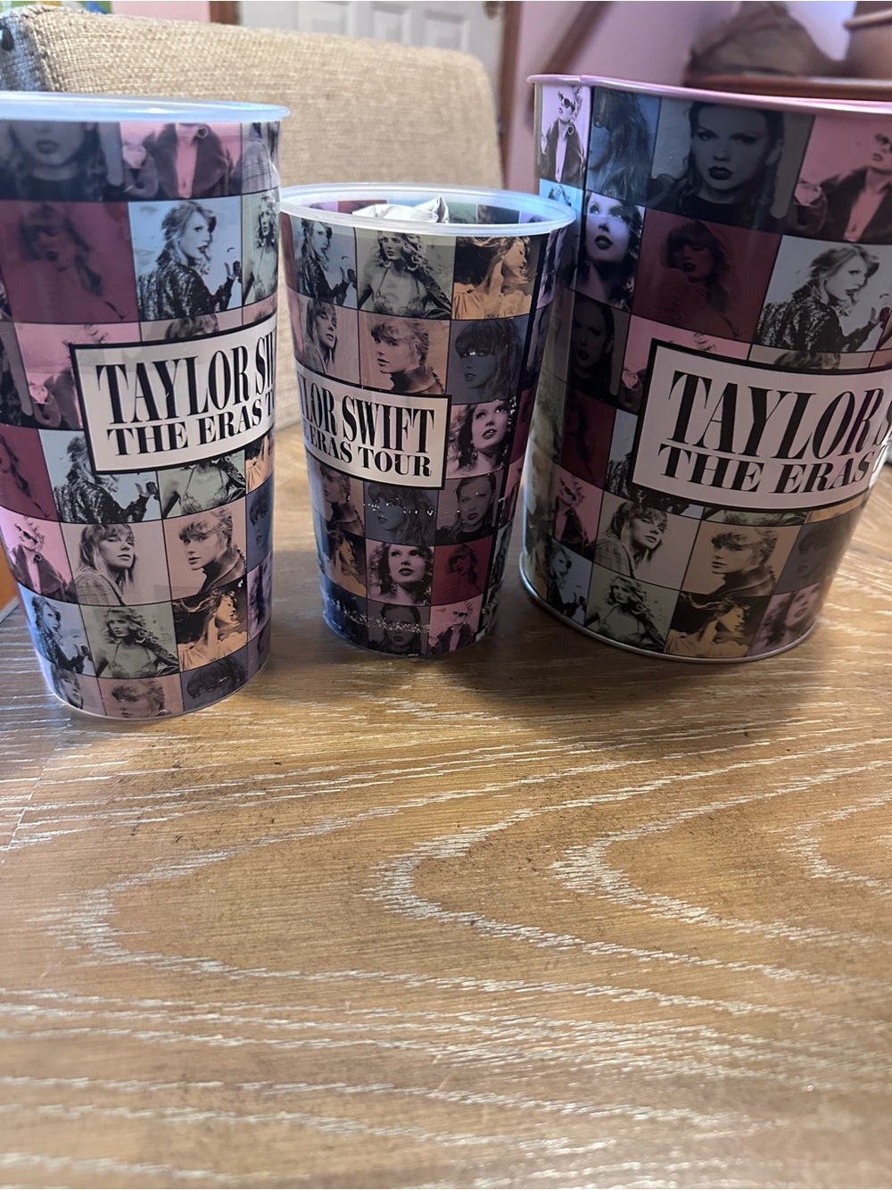 Taylor Swift themed cups and collectible popcorn tin